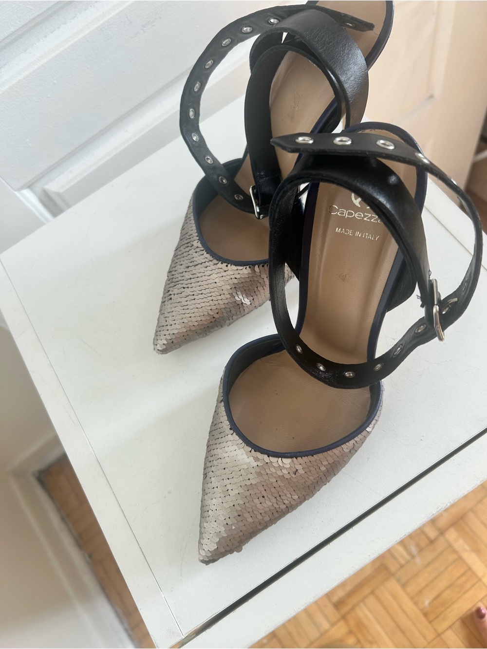 Capezzani Silver Sequin Pointed Toe Ankle Strap Heels Made in Italy 38